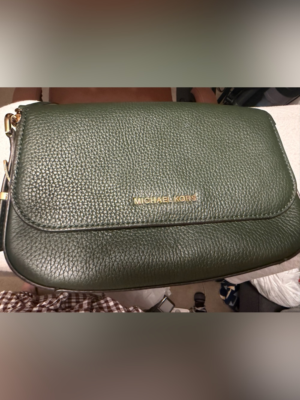 MICHAEL KORS Dark Olive Pebbled Leather Messenger Bag with Gold Hardware